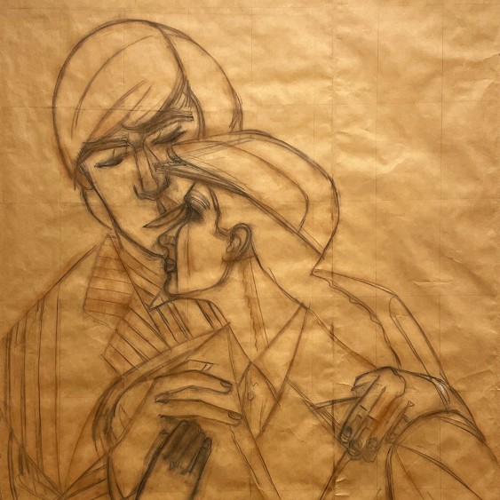 Алекс Кац — Подготовительный рисунок к картине Дэнни и Лора, 1983 (карандаш, уголь и красный пигмент на бумаге)