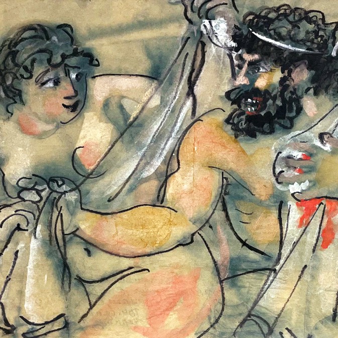 Татьяна Леонова — Раненый Несс с окровавленным плащем, 1996 (бумага, акварель, акварельный мелок)