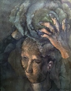 Павел Челищев - Мужской портрет с капустой на голове, 1928 (бумага, гуашь, акварель, песок)