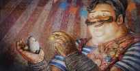 Иллюстрация к книге — цирковой сказке 'БОМ-БОМ-БОМ' (акварель, темпера, карандаш, бумага), 2018
