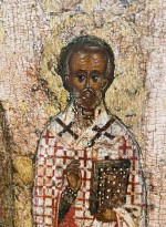 Святитель Николай Чудотворец, с арх. Михаилом и неизв. мученицей (конец XVI — нач. XVII в.) Новгород (фрагмент)