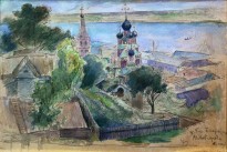 Б. М. Кустодиев - Вид на церковь собора Пресвятой Богородицы. Нижний Новгород, середина 1910-х (бумага, акварель, карандаш, белила)