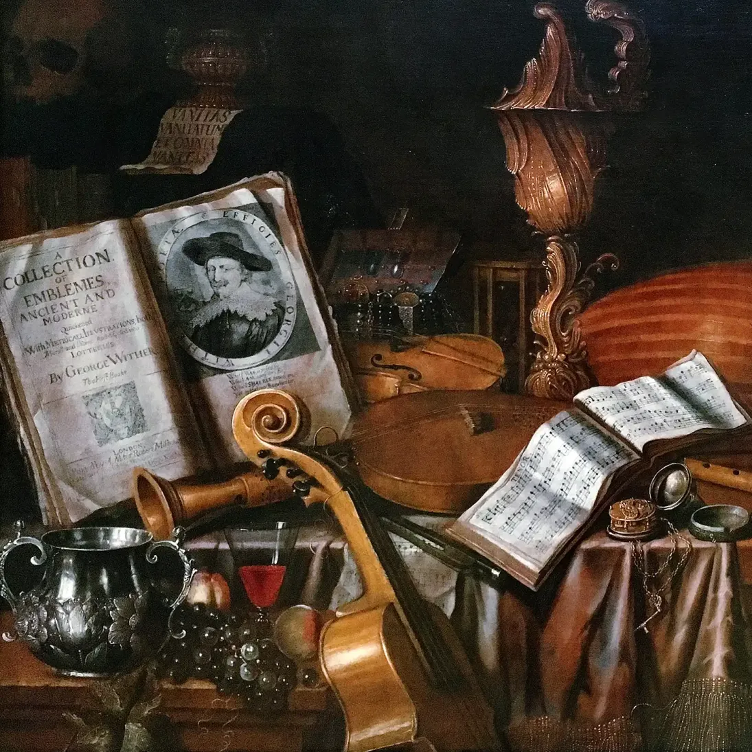 Эдвард Коллиер — Натюрморт с томом «Эмблем» Уизера, 1696 (холст, масло)