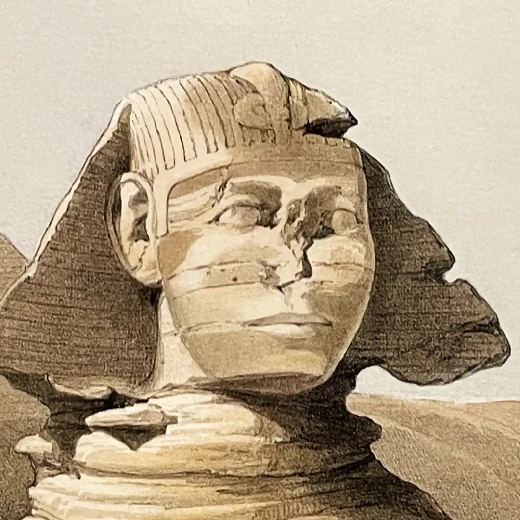 Дэвид Робертс, Луи Хаге — Великий Сфинкс, фрагмент, пирамиды Гизы, 1846 (Тонированная и вручную раскрашенная литография)