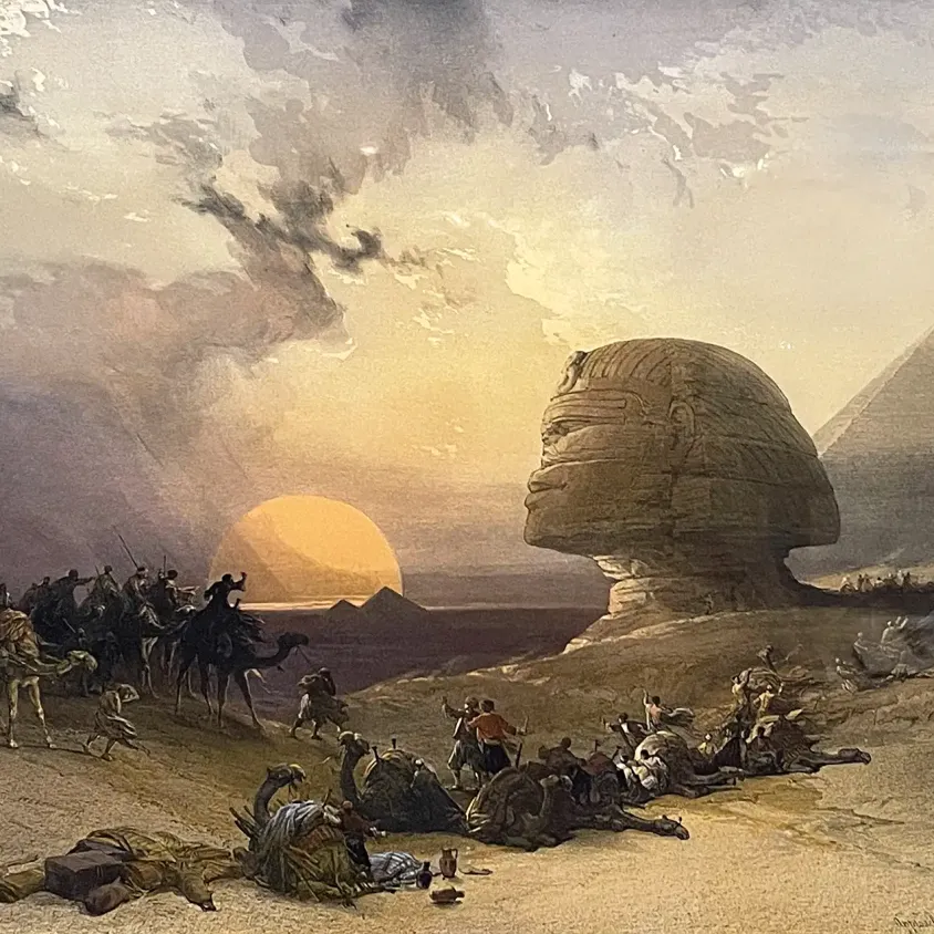 Дэвид Робертс, Луи Хаге — Приближение симума, пустыня Гизы, 1849 (Тонированная и вручную раскрашенная литография) copy