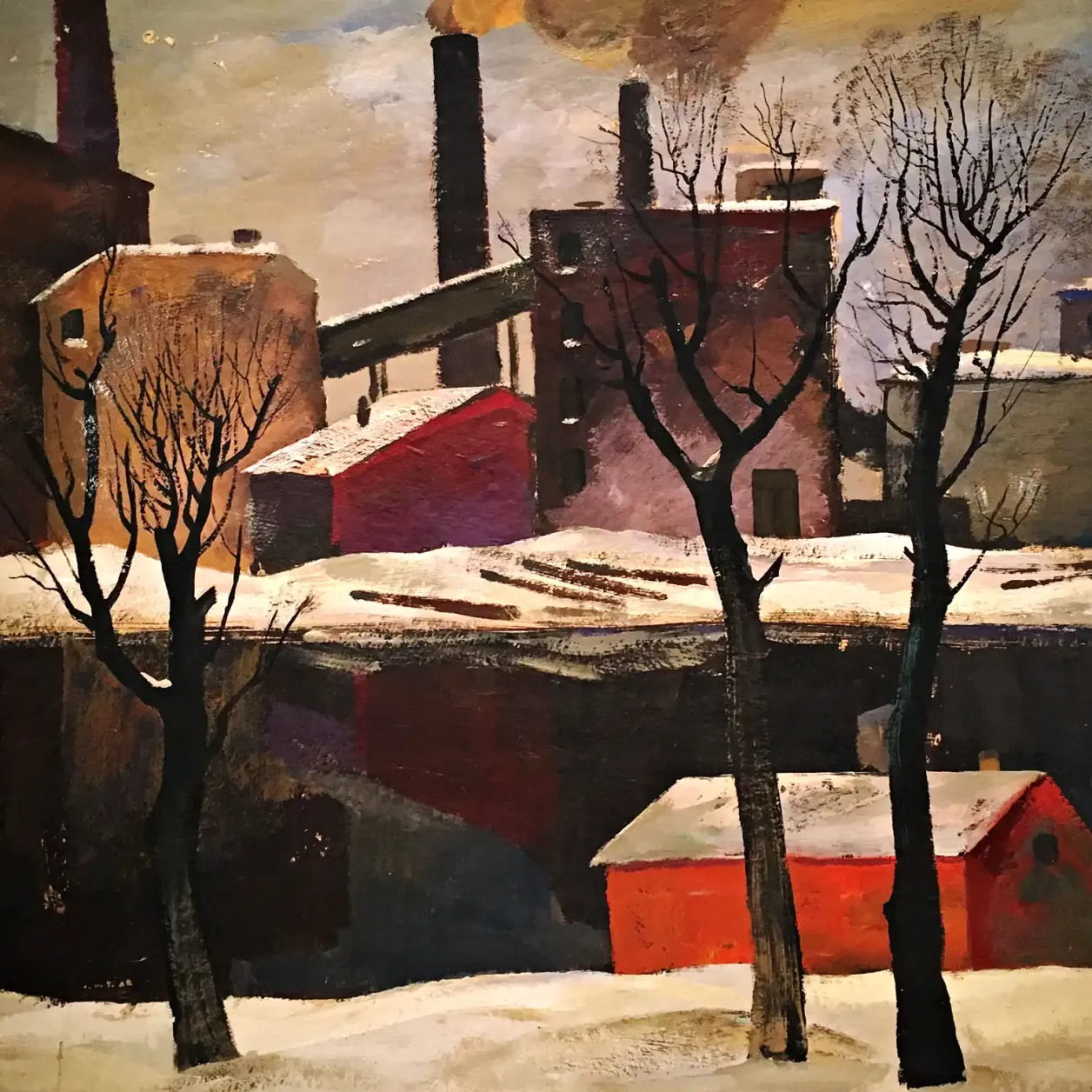 Михаил Звягин — Завод над рекой, 1969 (картон, гуашь, темпера)