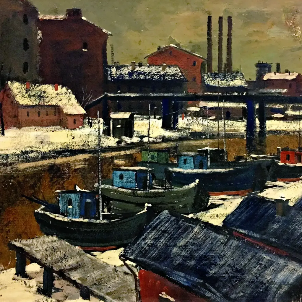 Михаил Звягин — Утро на канале, 1963 (картон, гуашь, темпера)