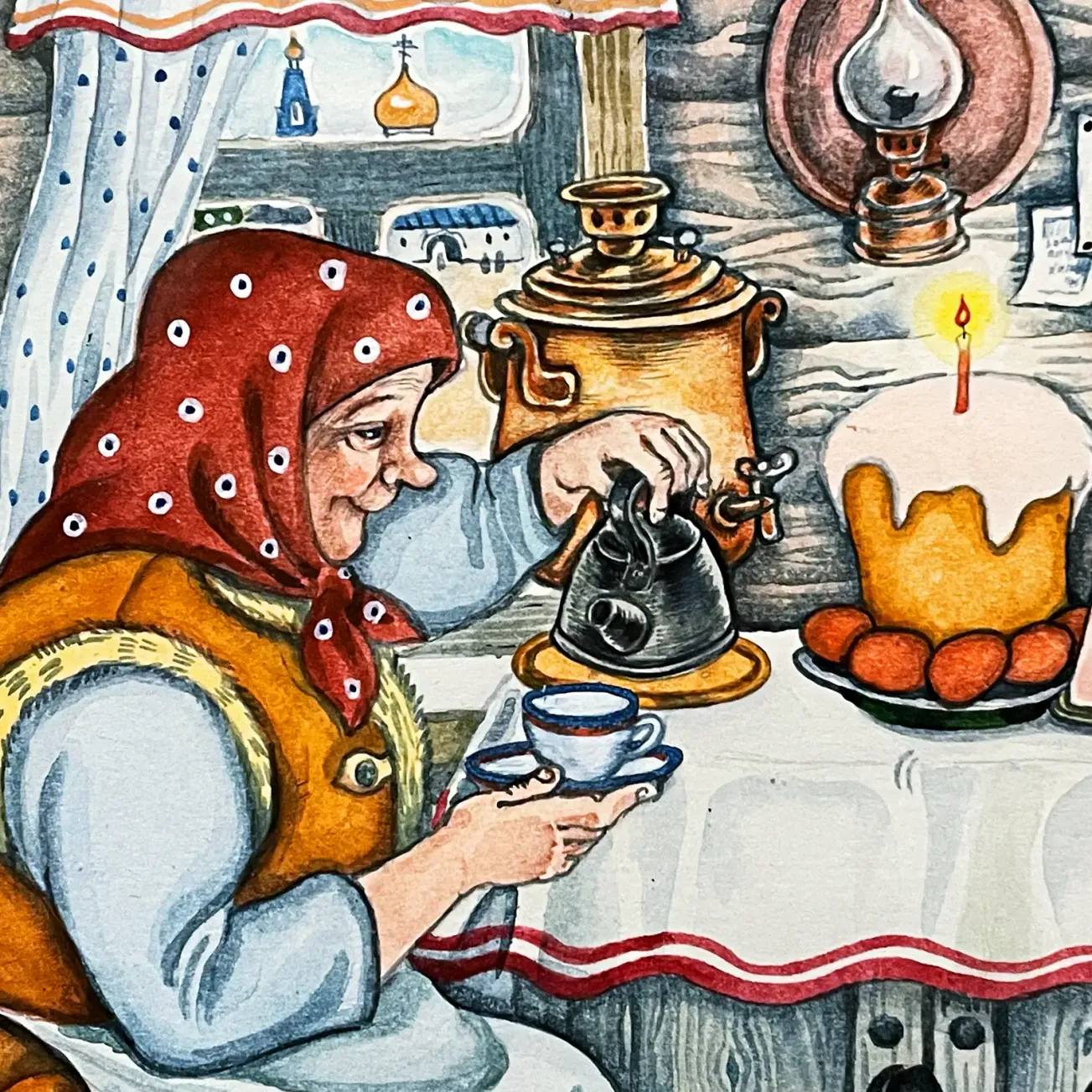 Надежда Глазунова — Пасхальная трапеза, фрагмент, 1996 (акварель, гуашь, перо и тушь)