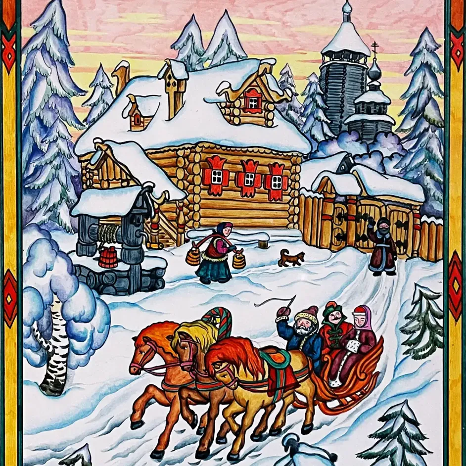 Надежда Глазунова — Рождественская тройка у избы, 1994 (акварель, гуашь, перо и тушь)